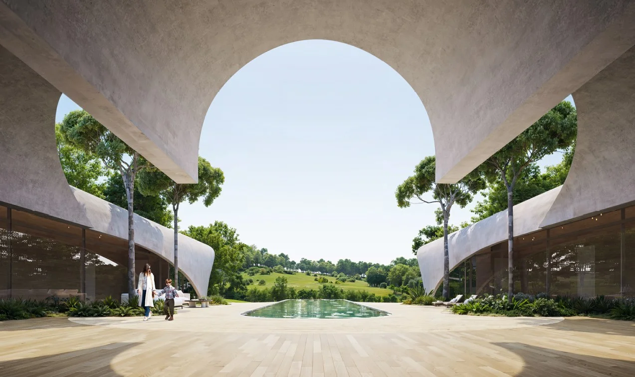 Central courtyard and pool framed by arched forms at Galston