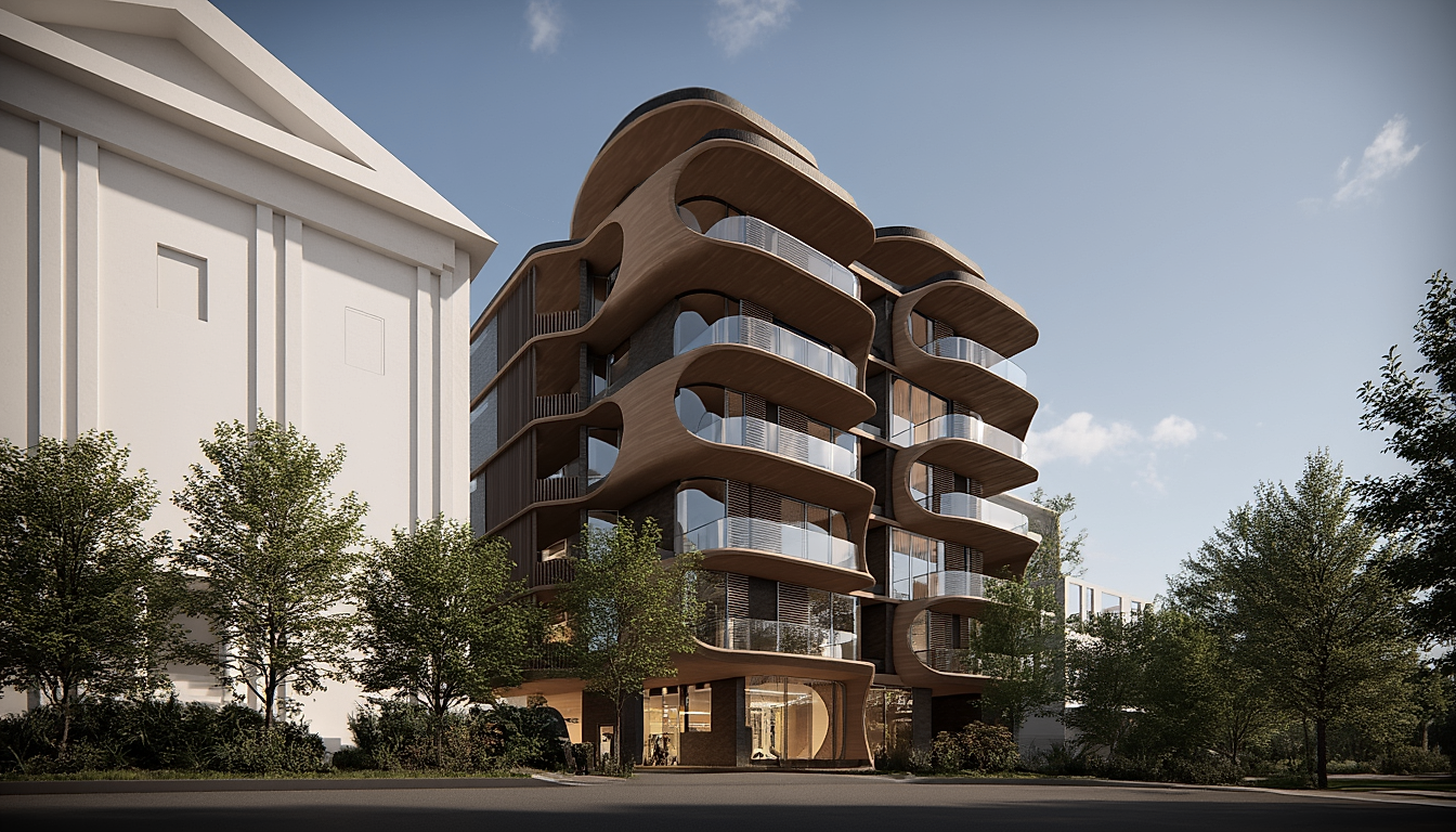 Corner perspective of the proposed building at 37-39 Fisher St, Petersham, with a lit ground-floor lobby