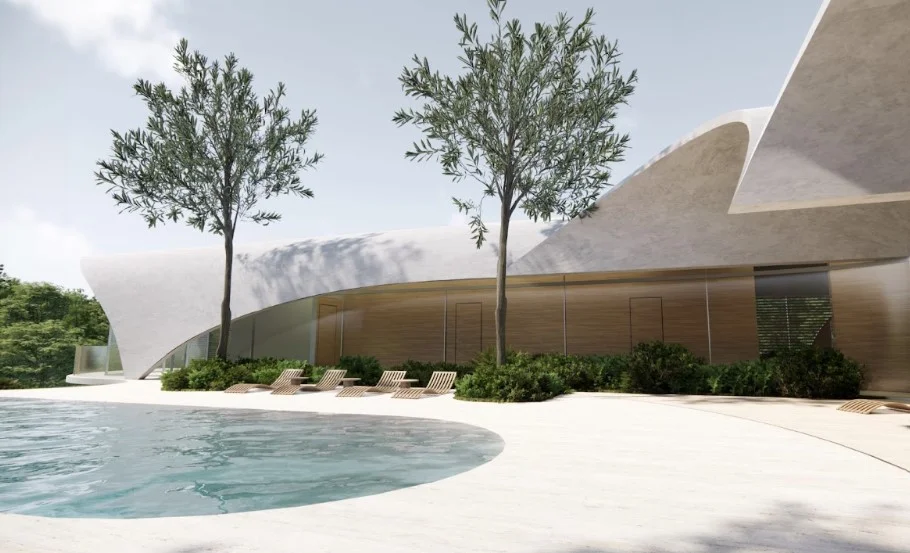 Curved pool deck and landscaping at 311-313 Galston Rd