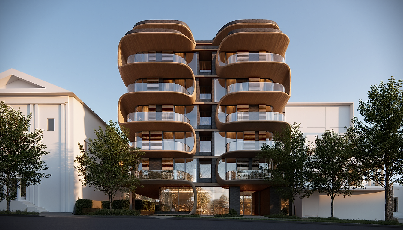 Street elevation of the proposed building at 37-39 Fisher St, Petersham, with sculpted wood-toned balconies