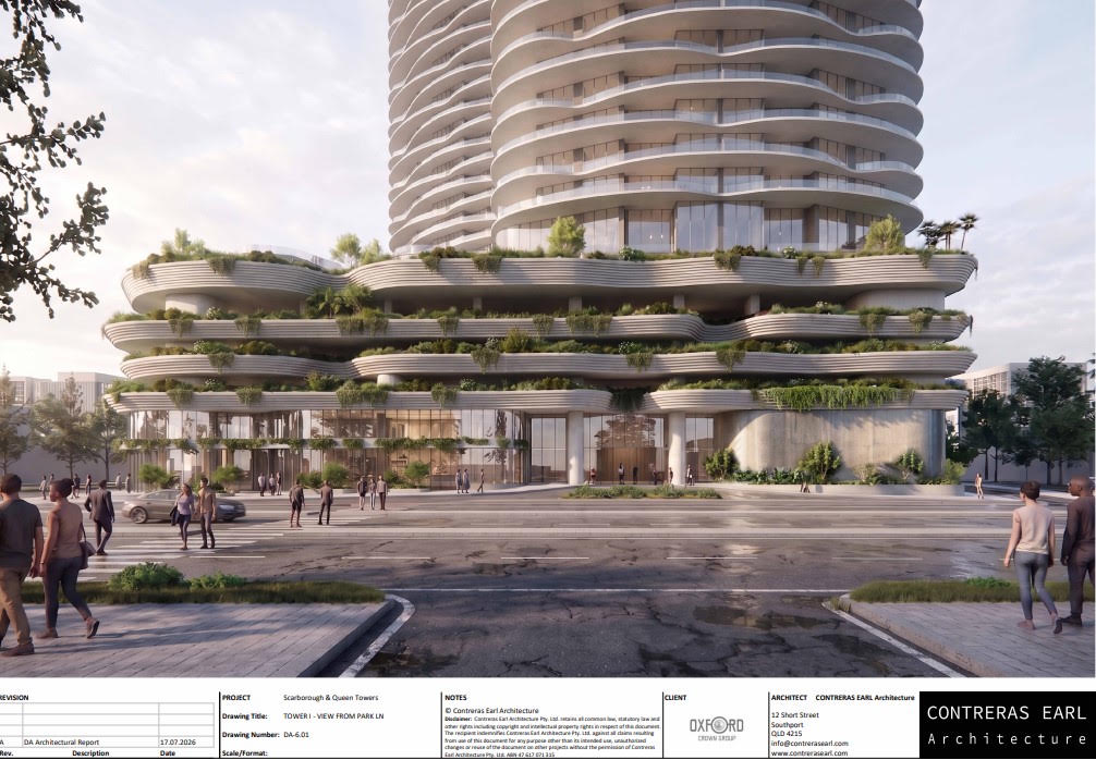 Street-level view of the podium and tower base, Southport