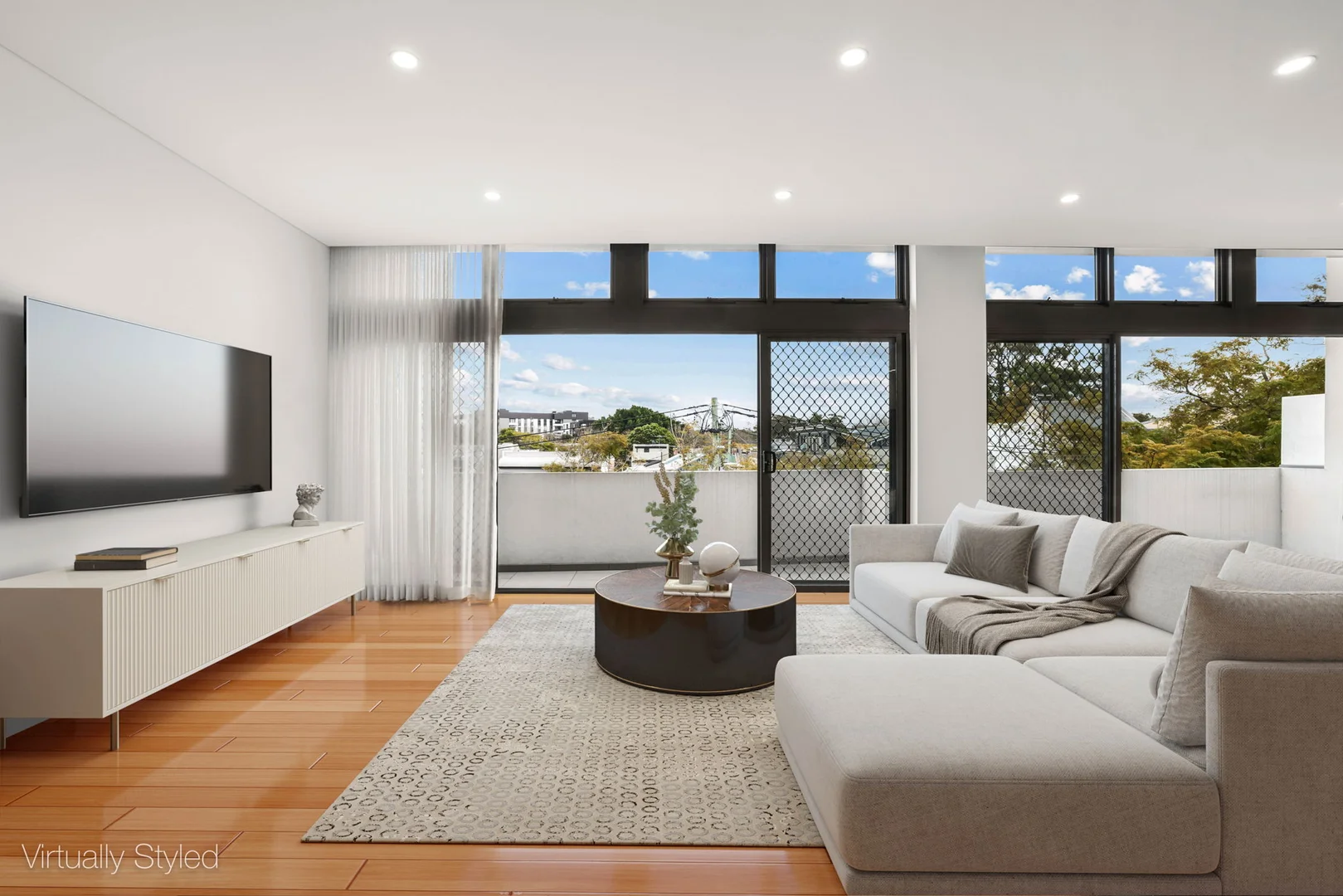 Living room opening to balcony at 142-144 Lawrence St, Alexandria