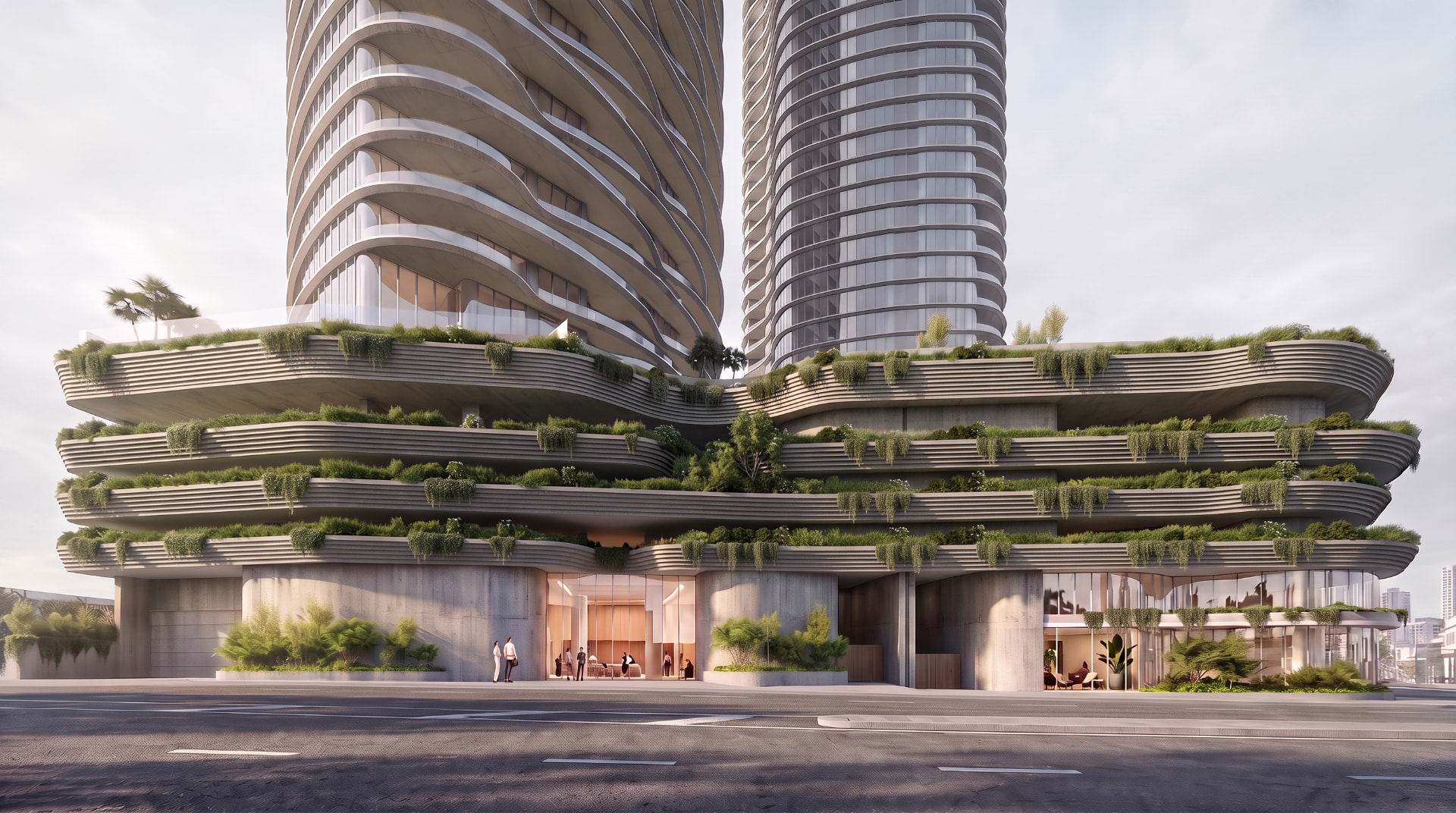 Street-level artist impression of the landscaped podium and glazed entrance at Scarborough & Queen Towers, Southport