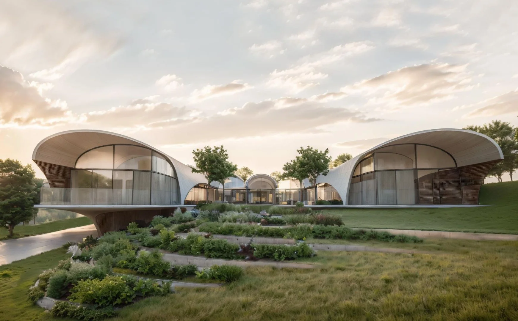 Curved residential pavilions with floor-to-ceiling glass set within terraced landscaped gardens at golden hour, Galston