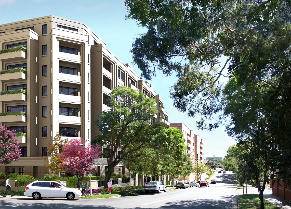 Tree-lined street frontage of the Burwood apartment development