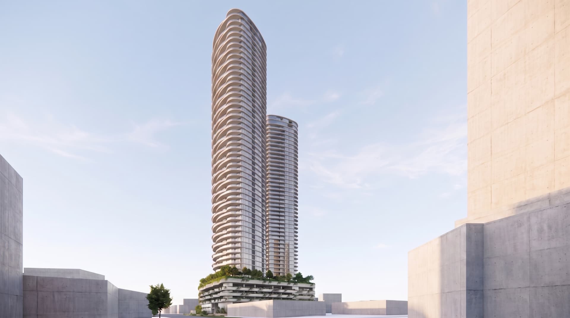 Full-height artist impression of the twin Scarborough & Queen Towers above a landscaped podium, Southport