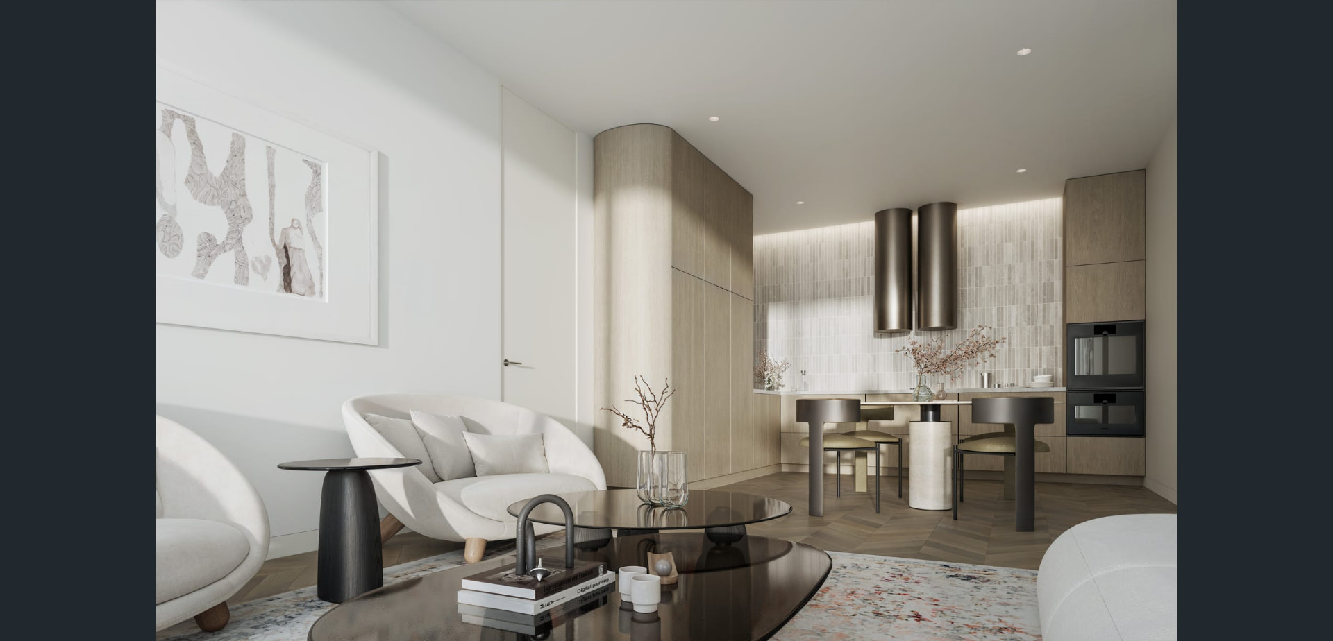 Light-filled open-plan apartment interior with curved timber joinery, neutral furnishings and a refined kitchen beyond